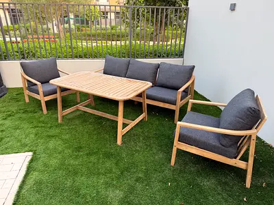 Wooden Outdoor Sofa Set with Cushions - 3 Seater + 2 Armchairs + Table + Storage Shed