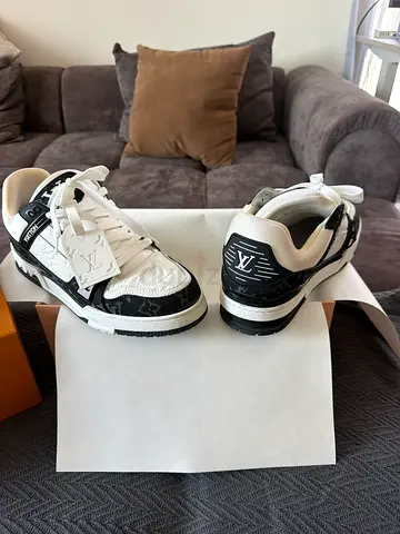 White and black Louis Vuitton-style low top sneakers - gently used