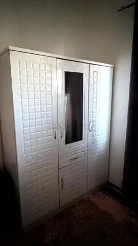White 3-Door Wardrobe with Mirror — Good Condition