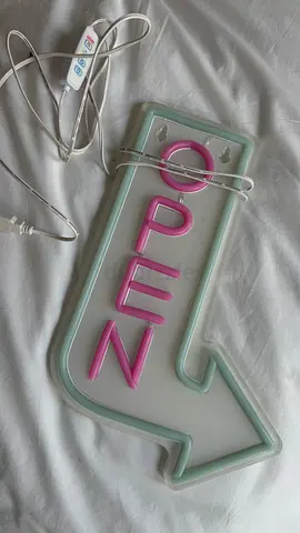Neon-style 'OPEN' Arrow LED Light Sign - Mint & Pink, Plug-in