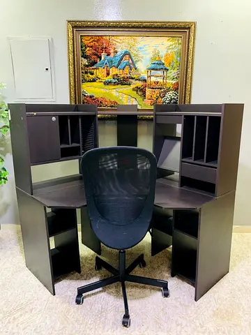 Dark Wood Corner Office Desk with Shelving and Swivel Chair - Good Condition