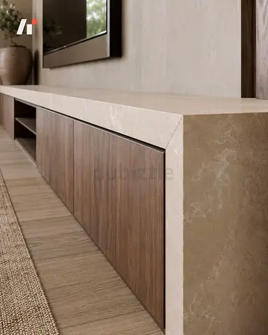 Elegant Custom Travertine TV Console with Full Stone Finish, Long and Contemporary Living Room Desig