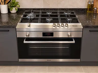 Baumatic 90cm Built in Electric Fan Oven Stainless Steel with 5 Burner Gas Hob Model – BMEO96E9