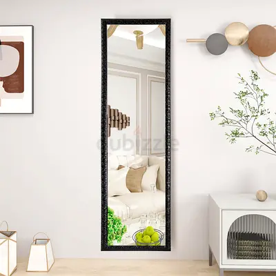 Full-Length Decorative Wall Mirror with Textured Black Frame