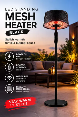 LED Standing Mesh Heater Black with Remote Control