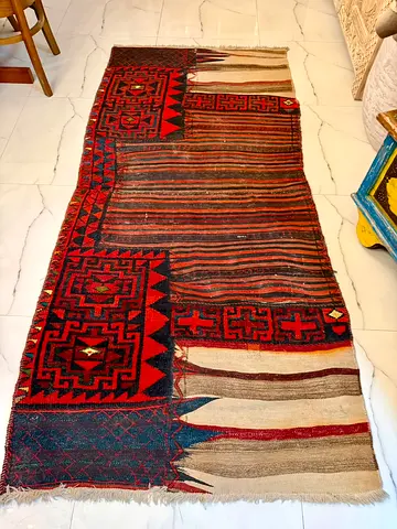 Handwoven vintage kilim runner rug — geometric tribal design