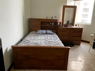 Solid Wood Single Bed with Headboard Storage, Dresser and Mirror - Good Condition