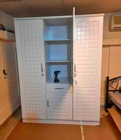 White 3-Door Wardrobe with Shelves and Drawers