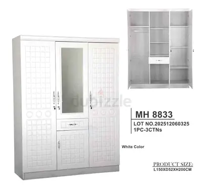 White 3-Door Wardrobe with Mirror and Drawer - L150 x D52 x H200 cm