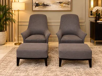 ( Giorgetti Normal ) Pair of modern lounge chairs with matching ottomans