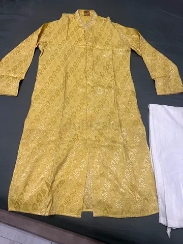 Manyavar Light Gold Embroidered Long Kurta - for boys Good Condition with payjama front open set