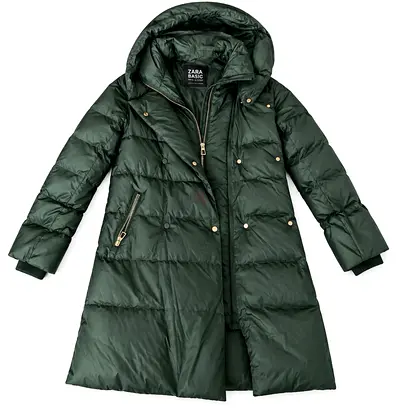 Dark green long padded winter coat with hood (Zara Basic style)