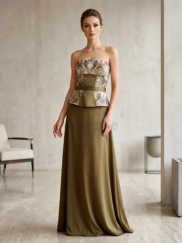 Olive Green Strapless Evening Gown with Embellished Peplum Top size s/m - wedding dress