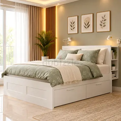 Modern White Bed Frame with Integrated Storage and Headboard Shelving