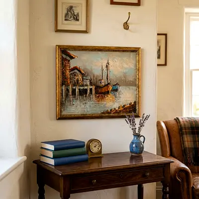 (EXCLUSIVE ART SALE, 80% OFF FOR AED 499) Vintage Coastal Harbor Oil Painting with Ornate Gold Frame