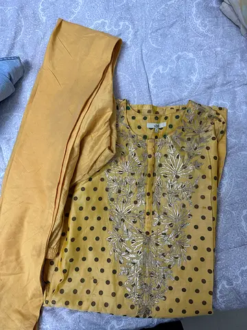 Light Mustard Embroidered Tunic with Matching Pants - Good Condition