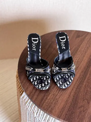Dior navy monogram heeled mules, size available - preowned