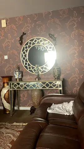 Modern Mirrored Console Table and Matching Round Wall Mirror Set