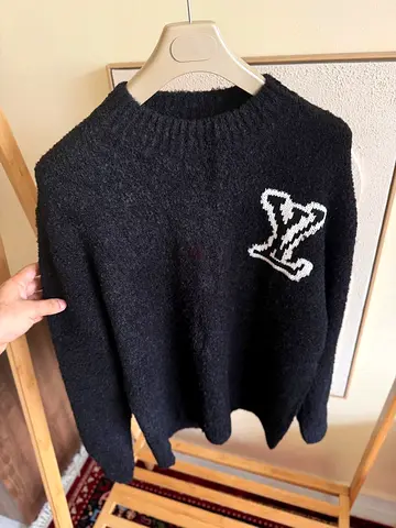 Lv Black Wool Blend Sweater with LV Patch - Unisex, small to 3xl