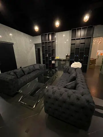 Set of 2 Dark Grey Tufted Chesterfield Sofas with Glass Coffee Table