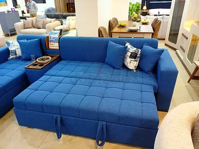 Blue Fabric Sofa Bed with Pull-Out Section