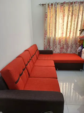 L-shaped Red & Grey fabric sofa - good condition