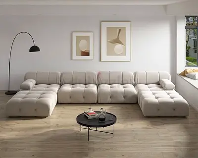 Large Modern Modular L-Shaped Tufted Fabric Sofa — Light Beige