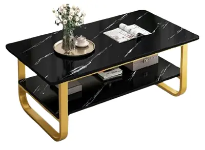 Modern Black Marble Coffee Table with Gold Frame - Two Tier