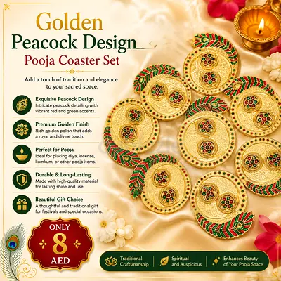 Golden Peacock Pooja Coaster Set - Decorative Diya/Incense Holders