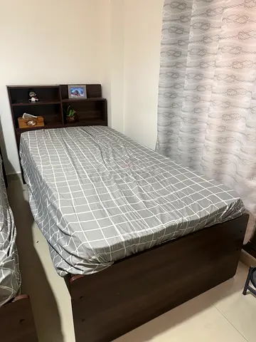 Dark wood bed with headboard shelves - good condition  with mattress and Complete bedspread set