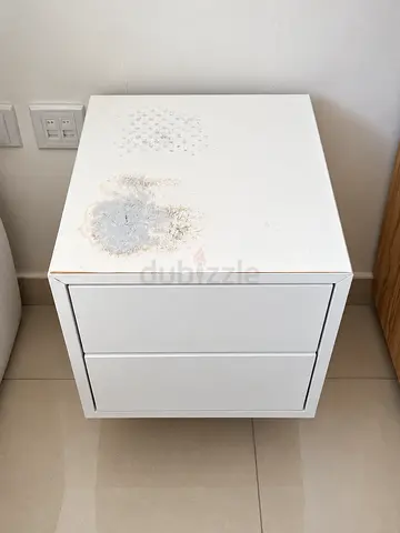 2 IKEA White 2-drawer bedside tables / nightstand - used, top surface worn