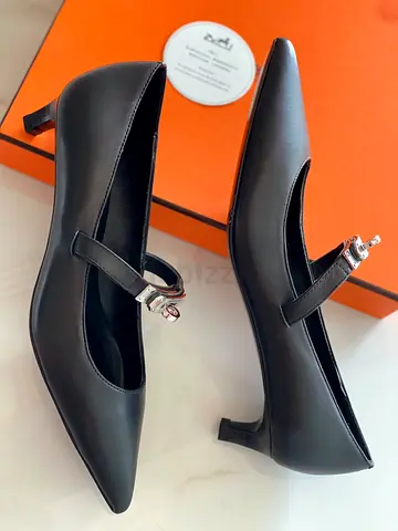 Black Leather Mary Jane Heels with Silver Buckle, Size Unknown