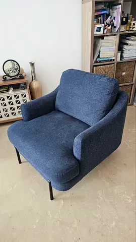 Comfortable Blue Upholstered Armchair with Metal Legs