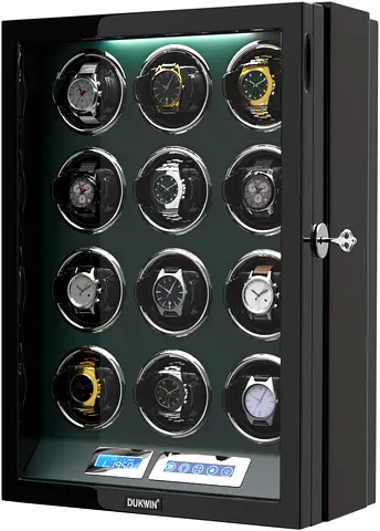 DUKWIN Watch Winder for 12 Automatic Watches with Key Lock, LCD Screen, Remote Control, LED Light, A
