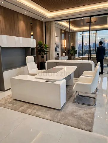 Modern white executive office desk set with chairs and storage - like new