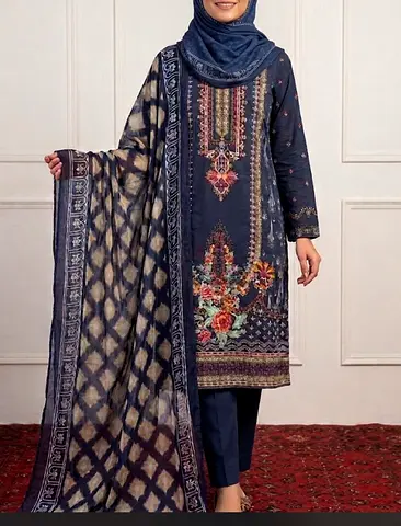 Navy Printed Lawn Suit with Matching Dupatta - Size s-m