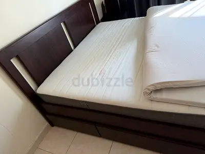 Queen wooden bed frame and mattress with storage drawers - dark brown