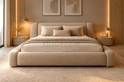 Beige upholstered platform bed with low-profile frame