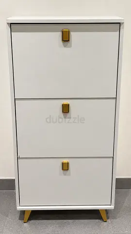 White 3-Drawer Shoe Cabinet with Gold Handles and Legs