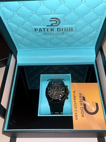 Patek Dior men's black chronograph wristwatch with box and warranty