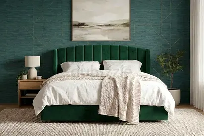 Green upholstered king size bed with padded headboard