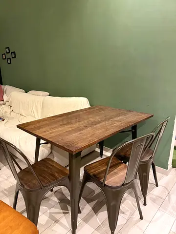 Wooden Dining Table with 4 Industrial Metal Chairs - Good Condition