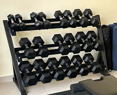 Hex Rubber Dumbbell Set with 3-Tier Rack - Various Weights