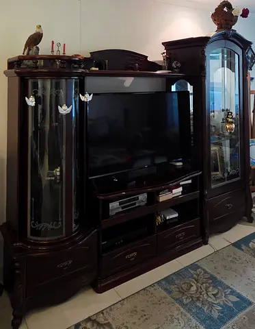 Solid dark wood TV show case with display cabinets and storage