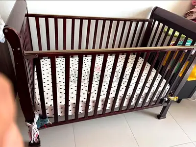 Wooden Baby Crib with Mattress - Dark Brown, Good Condition