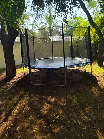 This is a large outdoor round trampoline with a safety enclosure net, blue protective edge padding,