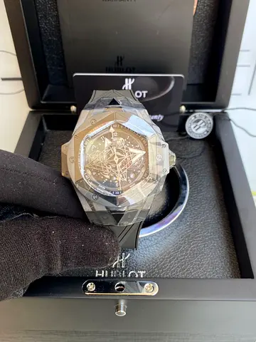 Hublot Big Bang Sang Bleu II watch featuring a geometric, tattoo-inspired skeleton dial and a textur