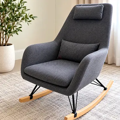 Modern Grey Rocking Armchair with Wooden Runners