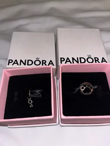 Two Pandora charms in original boxes — paw print and key charm. Never used