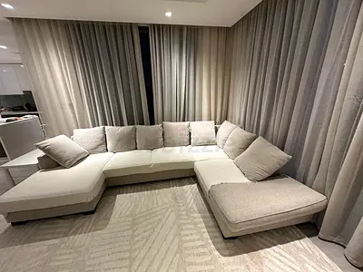 Large L-shaped Beige Fabric Sofa - Comfortable Sectional with Cushions